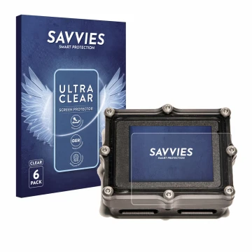 Face avant d’un emballage produit avec le logo de la marque Savvies. À côté, l’appareil Shearwater Petrel 2 dive computer est 