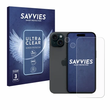 Face avant d’un emballage produit avec le logo de la marque Savvies. À côté, l’appareil Apple iPhone 15 (Avant+Caméra) est rep