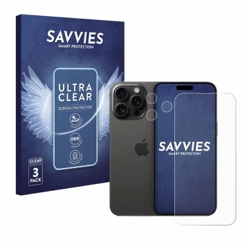 Face avant d’un emballage produit avec le logo de la marque Savvies. À côté, l’appareil Apple iPhone 15 Pro Max (Avant+Caméra)