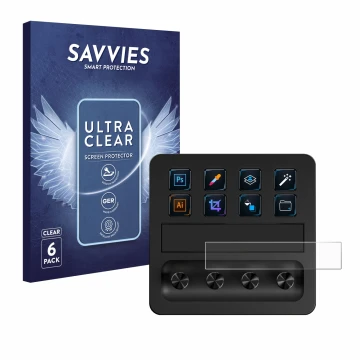 Face avant d’un emballage produit avec le logo de la marque Savvies. À côté, l’appareil Elgato Stream Deck + est représenté av