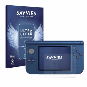 Face avant d’un emballage produit avec le logo de la marque Savvies. À côté, l’appareil Nintendo New 3DS XL (Affichage inférie