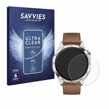 Face avant d’un emballage produit avec le logo de la marque Savvies. À côté, l’appareil Huawei Watch GT 4 (46mm) est représent