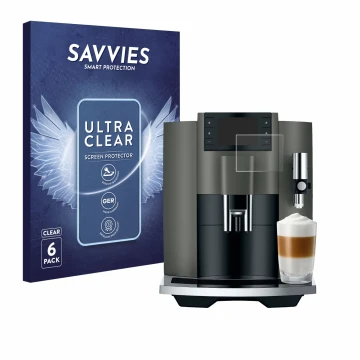 Face avant d’un emballage produit avec le logo de la marque Savvies. À côté, l’appareil Jura E8 (EC) est représenté avec la pr
