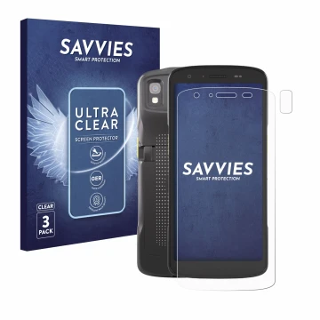 Face avant d’un emballage produit avec le logo de la marque Savvies. À côté, l’appareil Zebra TC27 (Avant+Caméra) est représen