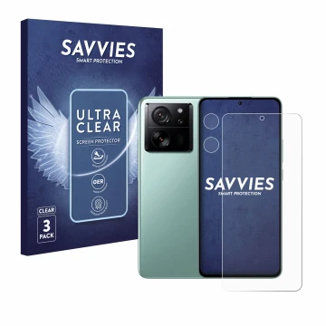 Face avant d’un emballage produit avec le logo de la marque Savvies. À côté, l’appareil Xiaomi 13T Pro (Avant+Caméra) est repr