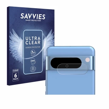 Face avant d’un emballage produit avec le logo de la marque Savvies. À côté, l’appareil Google Pixel 8 Pro (Caméra UNIQUEMENT)