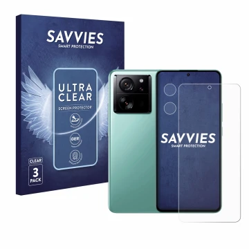 Face avant d’un emballage produit avec le logo de la marque Savvies. À côté, l’appareil Xiaomi 13T (Avant+Caméra) est représen