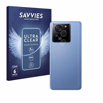 Face avant d’un emballage produit avec le logo de la marque Savvies. À côté, l’appareil Xiaomi 13T (Caméra UNIQUEMENT) est rep