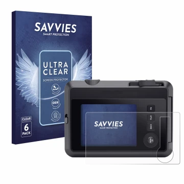 Face avant d’un emballage produit avec le logo de la marque Savvies. À côté, l’appareil Leica SOFORT 2 est représenté avec la 