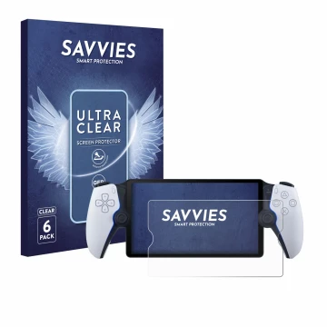 Face avant d’un emballage produit avec le logo de la marque Savvies. À côté, l’appareil Sony Playstation Portal est représenté