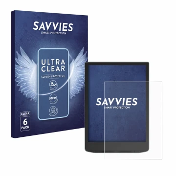 Face avant d’un emballage produit avec le logo de la marque Savvies. À côté, l’appareil PocketBook InkPad Color 3 est représen