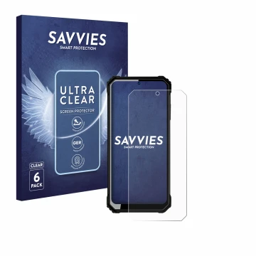 Face avant d’un emballage produit avec le logo de la marque Savvies. À côté, l’appareil Oukitel WP23 est représenté avec la pr