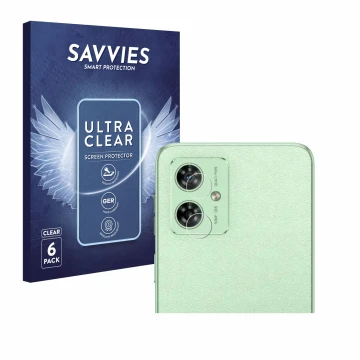 Face avant d’un emballage produit avec le logo de la marque Savvies. À côté, l’appareil Motorola Moto G54 (Caméra UNIQUEMENT) 