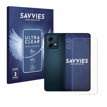 Face avant d’un emballage produit avec le logo de la marque Savvies. À côté, l’appareil Motorola Moto G84 (Avant+Caméra) est r
