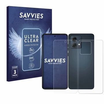 Face avant d’un emballage produit avec le logo de la marque Savvies. À côté, l’appareil Motorola Moto G84 (Avant+Arrière) est 