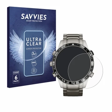 Face avant d’un emballage produit avec le logo de la marque Savvies. À côté, l’appareil Garmin Marq Aviator Gen 2 est représen