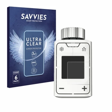 Face avant d’un emballage produit avec le logo de la marque Savvies. À côté, l’appareil AVM FRITZ!DECT 302 est représenté avec