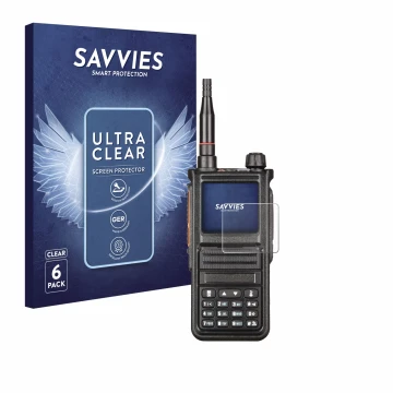 Face avant d’un emballage produit avec le logo de la marque Savvies. À côté, l’appareil Radtel RT-470X est représenté avec la 