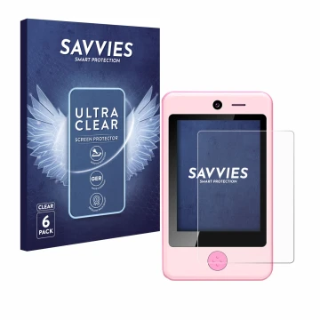 Face avant d’un emballage produit avec le logo de la marque Savvies. À côté, l’appareil Pthtechus Children’s Smartphone est re