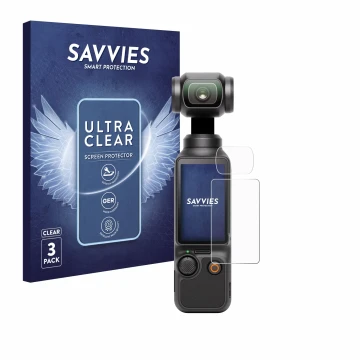 Face avant d’un emballage produit avec le logo de la marque Savvies. À côté, l’appareil DJI Osmo Pocket 3 (Affichage + Lentill