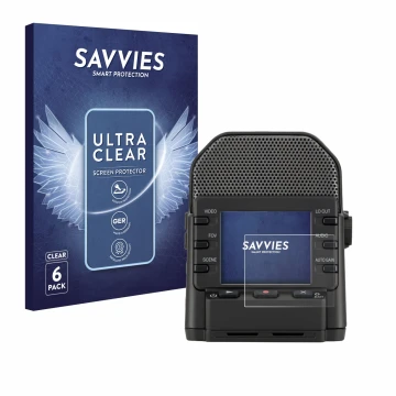 Face avant d’un emballage produit avec le logo de la marque Savvies. À côté, l’appareil Zoom Q2n-4K est représenté avec la pro