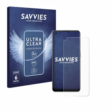 Face avant d’un emballage produit avec le logo de la marque Savvies. À côté, l’appareil Oppo Reno 8T est représenté avec la pr