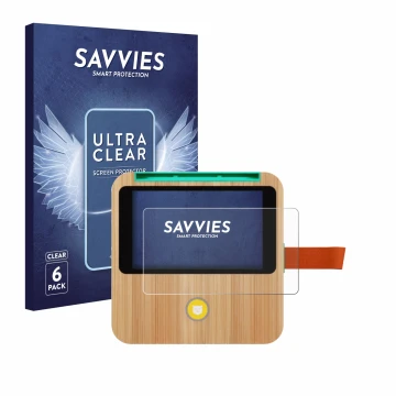 Face avant d’un emballage produit avec le logo de la marque Savvies. À côté, l’appareil tigerbox Touch Plus est représenté ave