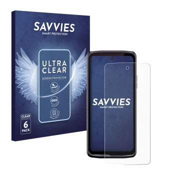 Face avant d’un emballage produit avec le logo de la marque Savvies. À côté, l’appareil Crosscall Stellar X5 est représenté av