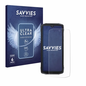 Face avant d’un emballage produit avec le logo de la marque Savvies. À côté, l’appareil Cubot King Kong Star 5G est représenté
