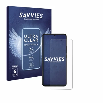 Face avant d’un emballage produit avec le logo de la marque Savvies. À côté, l’appareil Xiaomi Poco X6 Pro est représenté avec