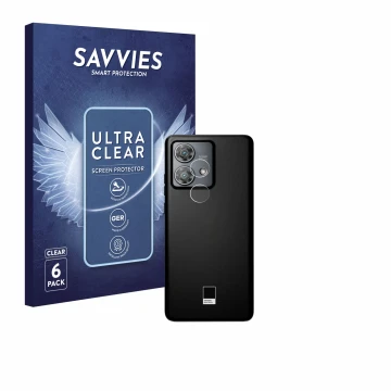 Face avant d’un emballage produit avec le logo de la marque Savvies. À côté, l’appareil Motorola Edge 40 Neo (Caméra UNIQUEMEN