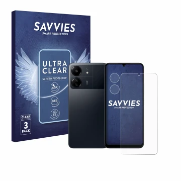 Face avant d’un emballage produit avec le logo de la marque Savvies. À côté, l’appareil Xiaomi Poco C65 (Avant+Caméra) est rep