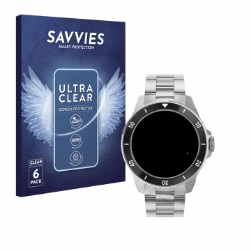 Face avant d’un emballage produit avec le logo de la marque Savvies. À côté, l’appareil Withings ScanWatch Nova (42 mm) est re