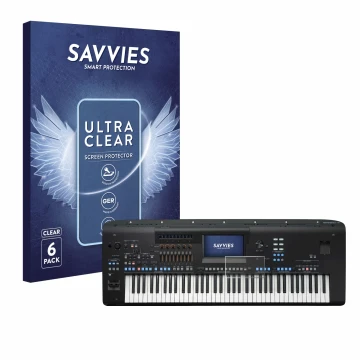 Face avant d’un emballage produit avec le logo de la marque Savvies. À côté, l’appareil Yamaha Genos2 est représenté avec la p