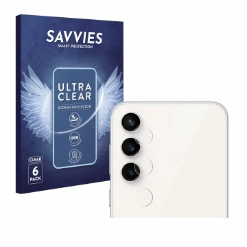 Face avant d’un emballage produit avec le logo de la marque Savvies. À côté, l’appareil Samsung Galaxy S23 FE (Caméra UNIQUEME