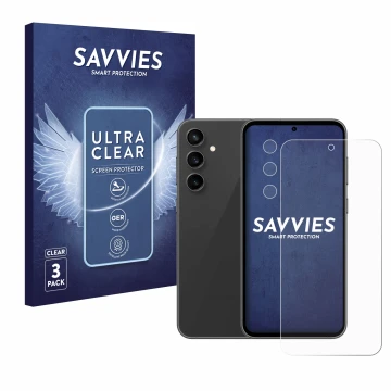 Face avant d’un emballage produit avec le logo de la marque Savvies. À côté, l’appareil Samsung Galaxy S23 FE (Avant+Caméra) e