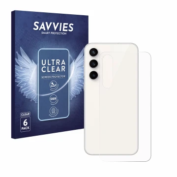 Face avant d’un emballage produit avec le logo de la marque Savvies. À côté, l’appareil Samsung Galaxy S23 FE (Arrière) est re