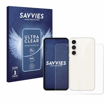 Face avant d’un emballage produit avec le logo de la marque Savvies. À côté, l’appareil Samsung Galaxy S23 FE (Avant+Arrière) 