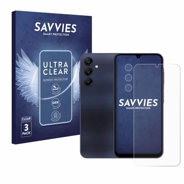Face avant d’un emballage produit avec le logo de la marque Savvies. À côté, l’appareil Samsung Galaxy A25 5G (Avant+Caméra) e