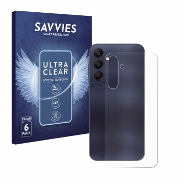 Face avant d’un emballage produit avec le logo de la marque Savvies. À côté, l’appareil Samsung Galaxy A25 5G (Arrière) est re