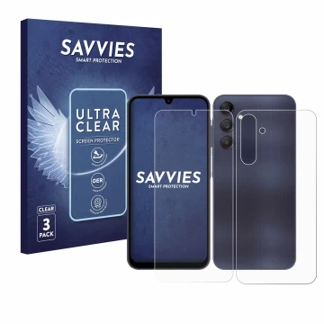 Face avant d’un emballage produit avec le logo de la marque Savvies. À côté, l’appareil Samsung Galaxy A25 5G (Avant+Arrière) 