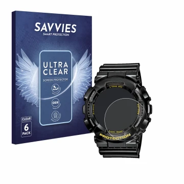 Face avant d’un emballage produit avec le logo de la marque Savvies. À côté, l’appareil Casio G-Shock GA-110GB-1A est représen