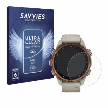 Face avant d’un emballage produit avec le logo de la marque Savvies. À côté, l’appareil Garmin Descent Mk3 (43 mm) est représe