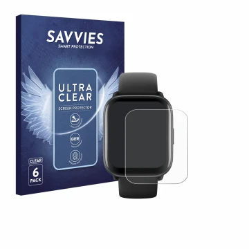 Face avant d’un emballage produit avec le logo de la marque Savvies. À côté, l’appareil Amazfit Active est représenté avec la 