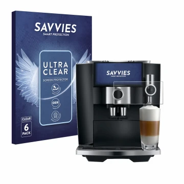 Face avant d’un emballage produit avec le logo de la marque Savvies. À côté, l’appareil Jura J8 twin est représenté avec la pr