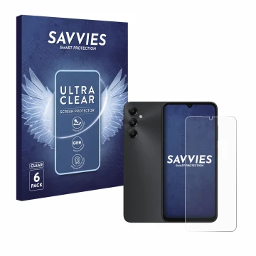 Face avant d’un emballage produit avec le logo de la marque Savvies. À côté, l’appareil Samsung Galaxy A05s est représenté ave