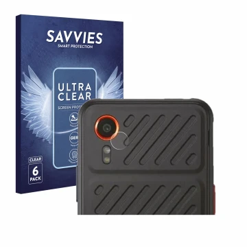 Face avant d’un emballage produit avec le logo de la marque Savvies. À côté, l’appareil Samsung Galaxy XCover 7 (Caméra UNIQUE