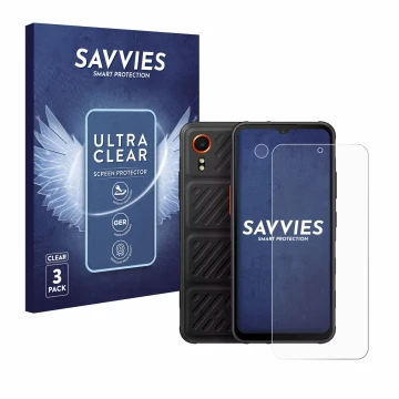 Face avant d’un emballage produit avec le logo de la marque Savvies. À côté, l’appareil Samsung Galaxy XCover 7 (Avant+Caméra)