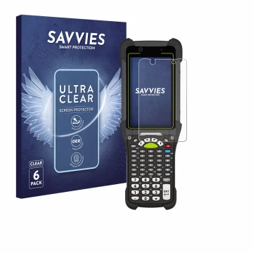 Face avant d’un emballage produit avec le logo de la marque Savvies. À côté, l’appareil Zebra MC9400 est représenté avec la pr