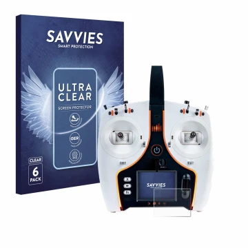 Face avant d’un emballage produit avec le logo de la marque Savvies. À côté, l’appareil Spektrum NX7e 7-Channel DSMX Transmitt